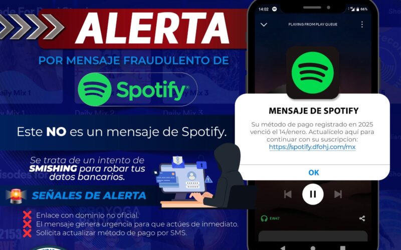 Alerta policía cibernética del Municipio fraudes por mensaje SMS, fingen ser empresas  – Se han detectado casos utilizando la falsa identidad de plataformas como Spotify