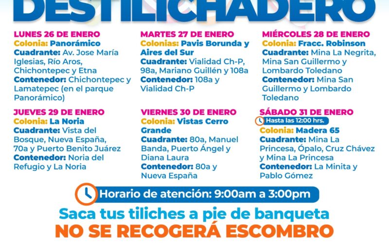 Estará Destilichadero en siete colonias del 26 al 31 de enero