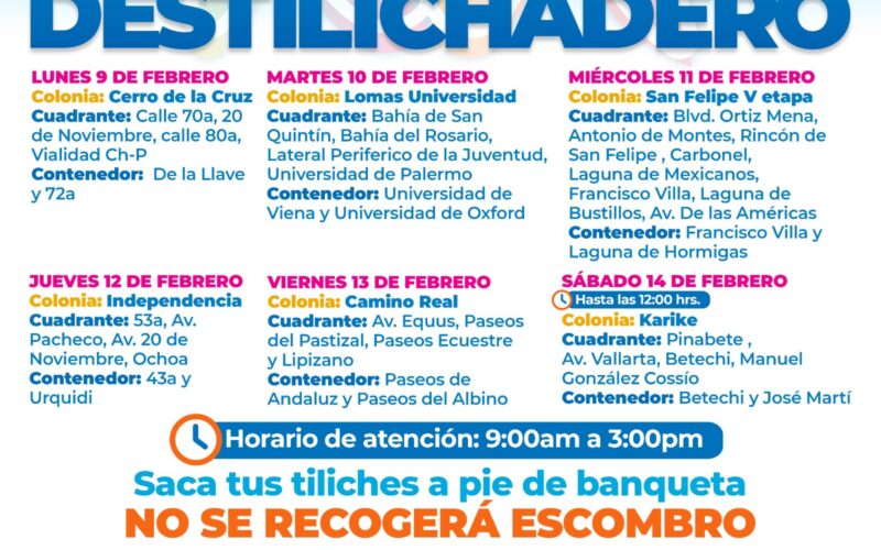 Estará programa Destilichadero en 6 colonias del 9 al 14 de febrero