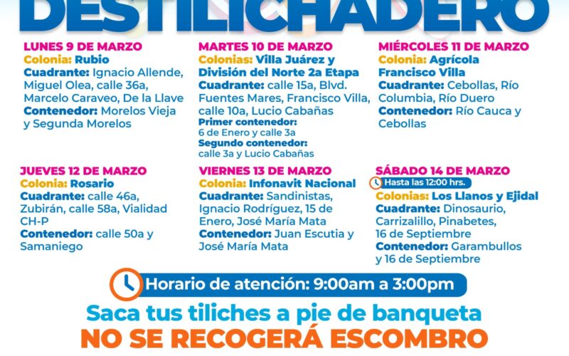 Estará programa Destilichadero en ocho colonias del 9 al 14 de marzo
