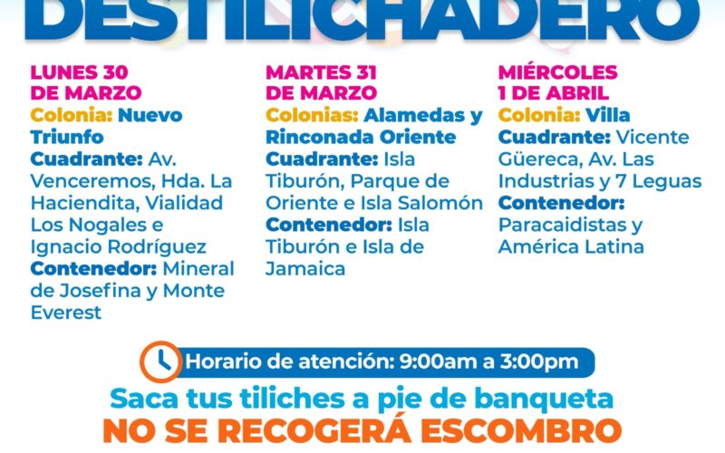 Estará Destilichadero en tres colonias del 30 de marzo al 1 de abril