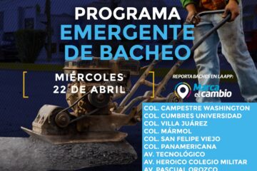 Atenderá Municipio nueve zonas con bacheo este miércoles 22 de abril