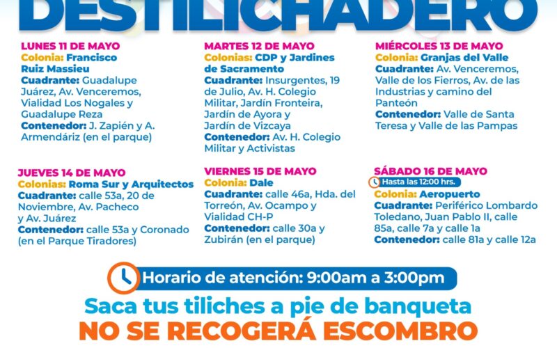 Estará Destilichadero en ocho colonias del 11 al 16 de mayo