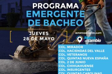 Atenderá Municipio ocho zonas con bacheo este jueves 28 de mayo