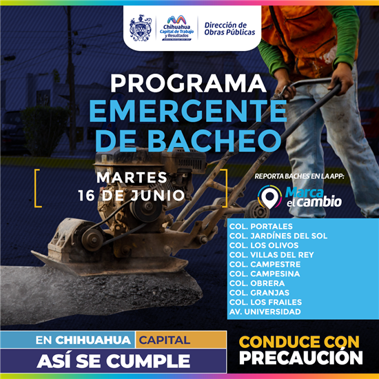 Atenderá Municipio 10 zonas con bacheo este martes 16 de junio