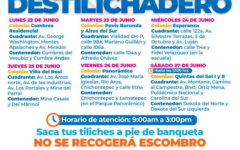 Estará Destilichadero en ocho colonias del 22 al 27 de junio