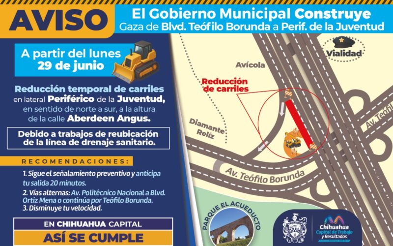 Hoy inicia reducción de carriles en tramo de lateral del periférico de la Juventud: Municipio