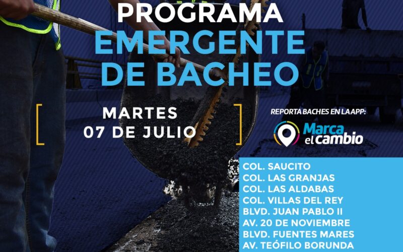 Atenderá Municipio con bacheo nueve zonas este martes 7 de julio