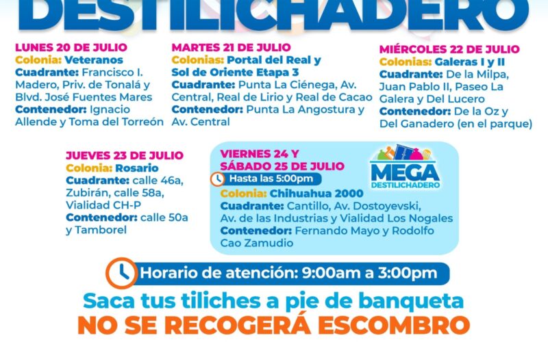 Estará Destilichadero en siete colonias del 20 al 25 de julio