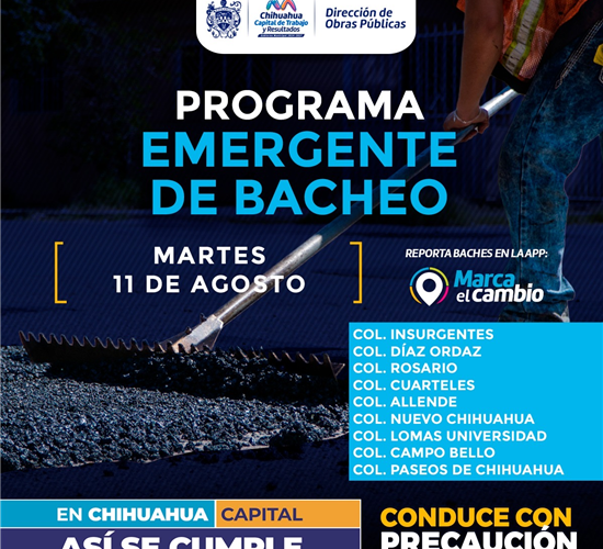 Atenderá Municipio nueve zonas con bacheo este martes 11 de agosto