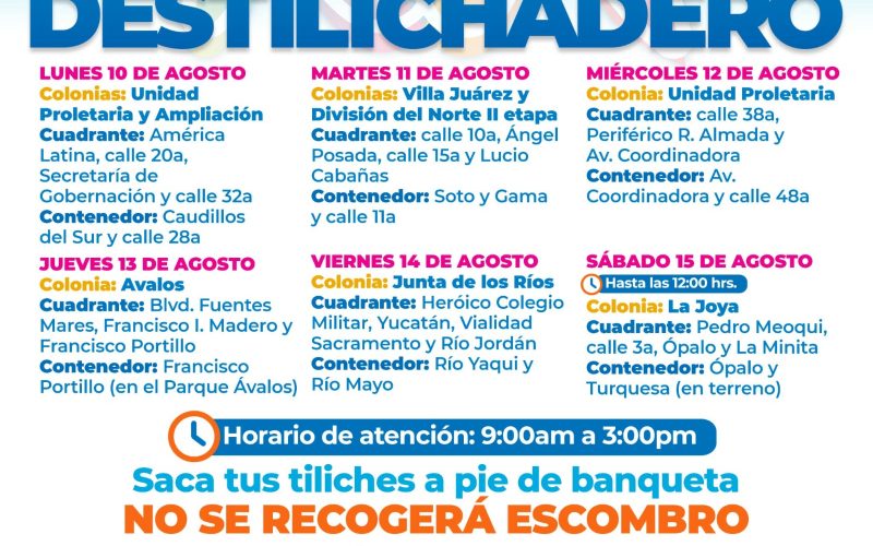 Estará programa Destilichadero en 7 colonias del 10 al 15 de agosto