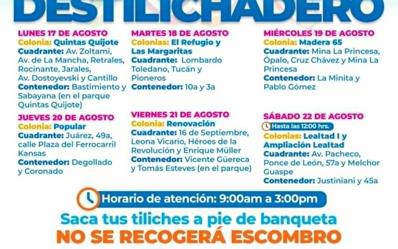 Estará Destilichadero en siete colonias del 17 al 22 de agosto