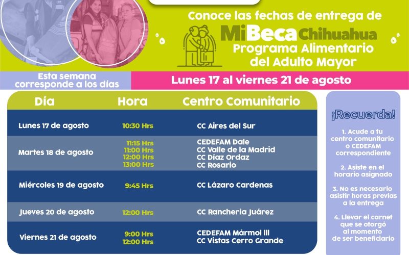 Entregará DIF Municipal el PAAM en estos puntos durante el periodo del 17 al 21 de agosto