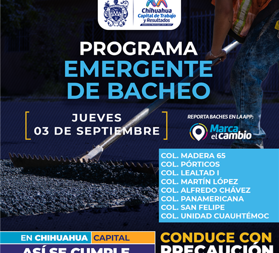 Ocho zonas tendrán bacheo este jueves 03 de septiembre: Municipio