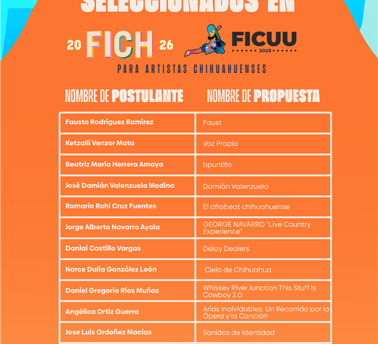 ANUNCIAN GOBIERNO MUNICIPAL Y GOBIERNO DEL ESTADO A SELECCIONADOS DE LA CONVOCATORIA “FICH FICUU PARA ARTISTAS CHIHUAHUENSES”