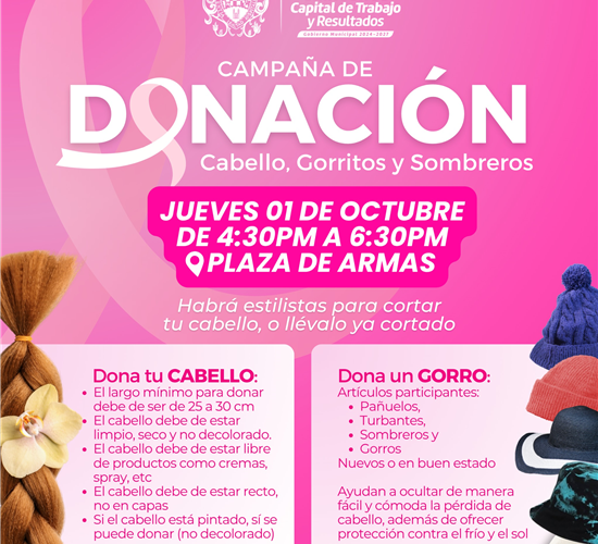 Invita Municipio a sumarse a campaña de donación de cabello, gorritos y sombreros durante Octubre Rosa