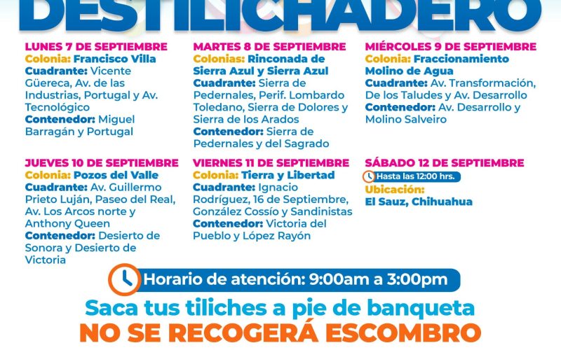 Estará Destilichadero en 6 colonias del 7 al 12 de septiembre