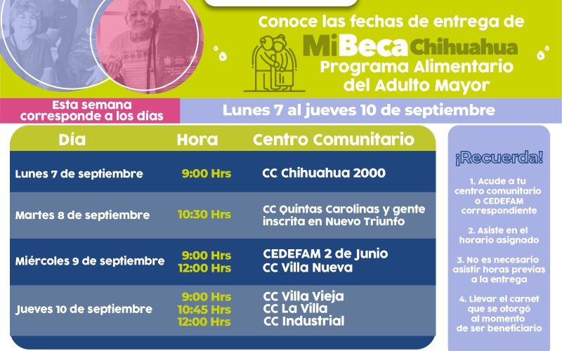 Conoce las fechas de entrega del programa alimentario Mi Beca Chihuahua para personas adultas mayores