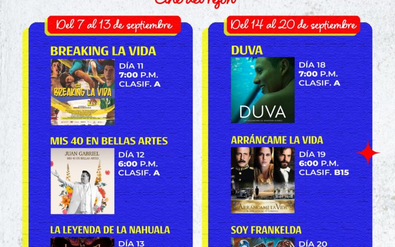 Invita Gobierno Municipal a disfrutar la cartelera de septiembre en el Cine del Rejón