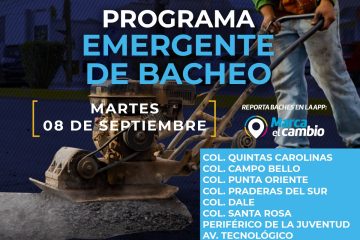 Atenderá Municipio ocho zonas con bacheo este martes 8 de septiembre