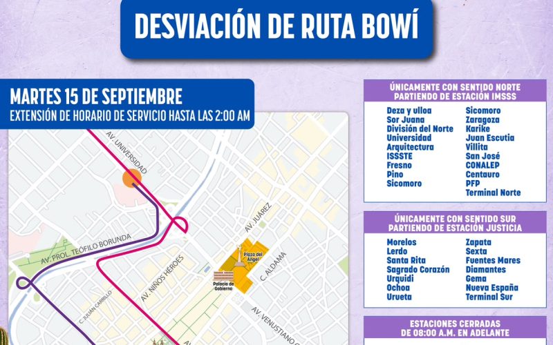 Informa Bowí servicio gratuito, desvío de rutas y horario extendido durante el Grito de Independencia