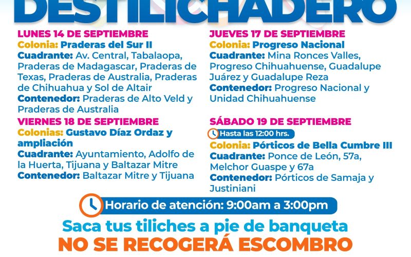 Estará Destilichadero en cuatro colonias del 14 al 19 de septiembre