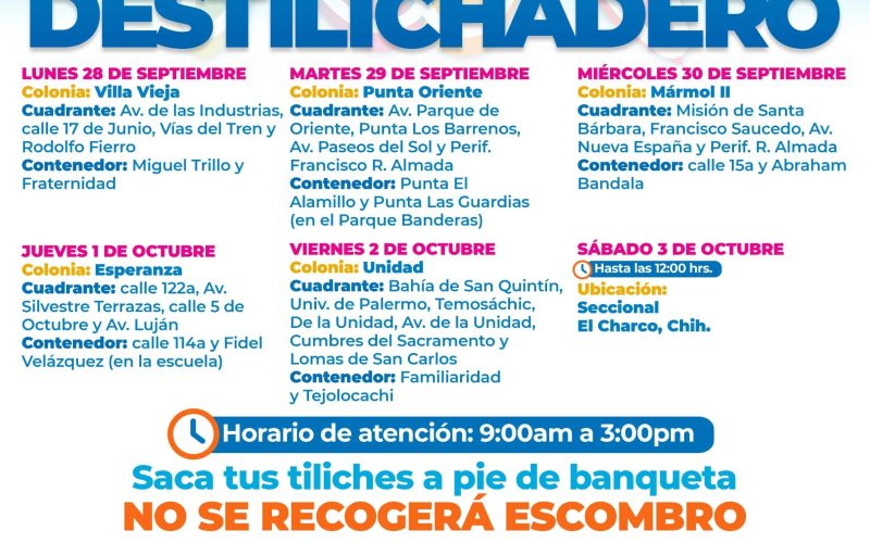 Estará Destilichadero en cinco colonias y zona rural del 28 de septiembre al 3 de octubre