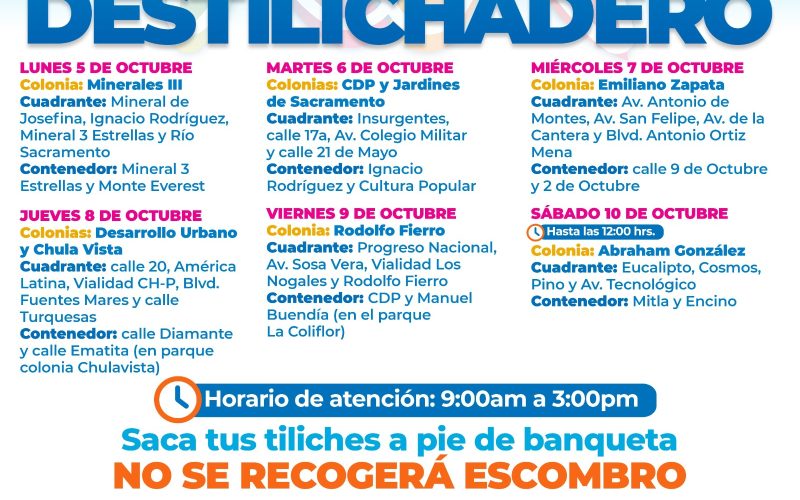 Estará programa de Destilichadero del Municipio en 8 colonias del 5 al 10 de octubre