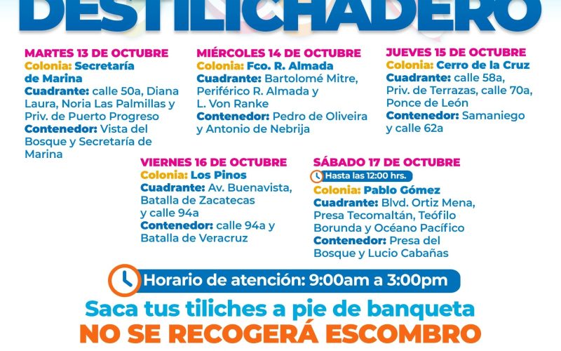 Estará Destilichadero en cinco colonias del 13 al 17 de octubre