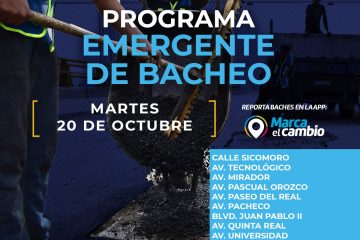Atenderá Municipio nueve zonas con bacheo este martes 20 de octubre