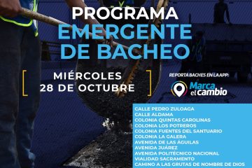 Atenderá Municipio once zonas con bacheo este miércoles 28 de octubre